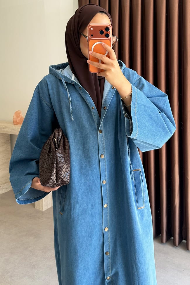 Kapüşonlu Denim Gömlek - Açık Kot