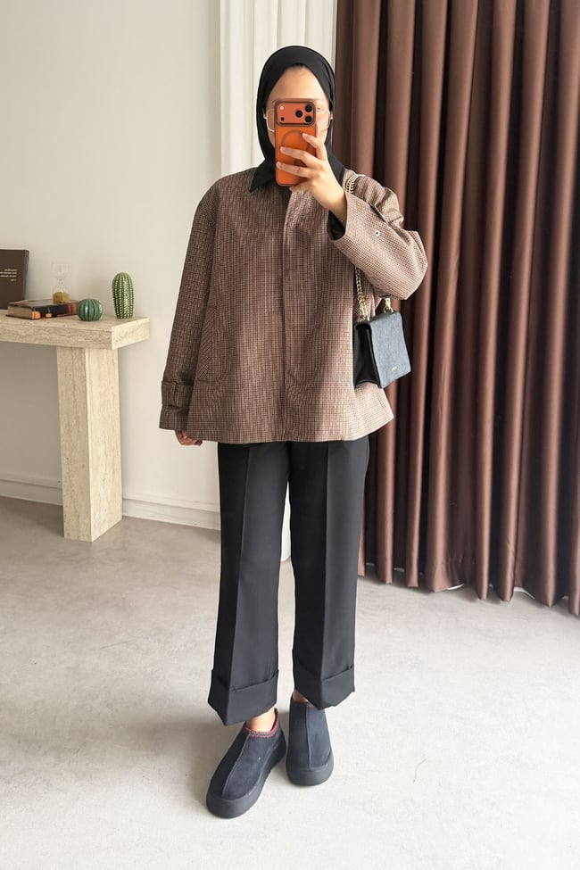 Kareli Oversize Ceket - Kahverengi