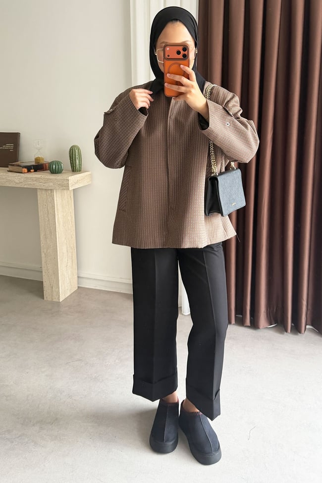 Kareli Oversize Ceket - Kahverengi
