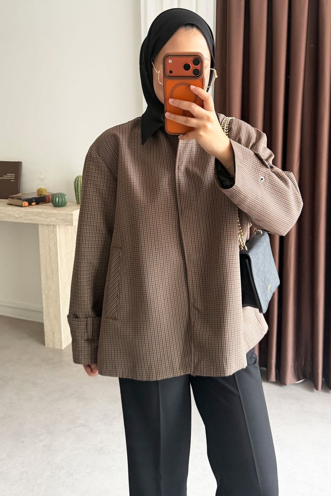 Kareli Oversize Ceket - Kahverengi