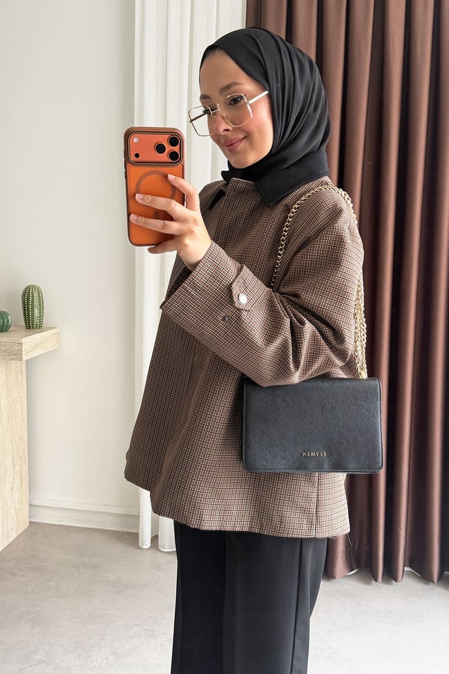 Kareli Oversize Ceket - Kahverengi