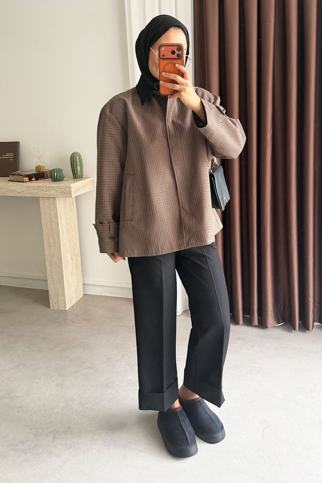 Kareli Oversize Ceket - Kahverengi