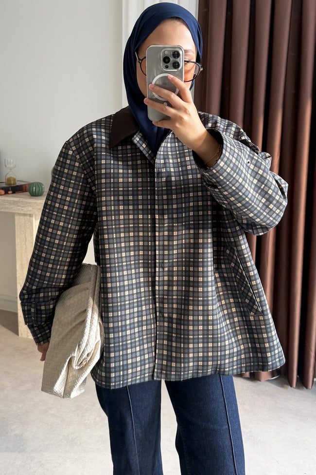 Kareli Oversize Ceket - Lacivert