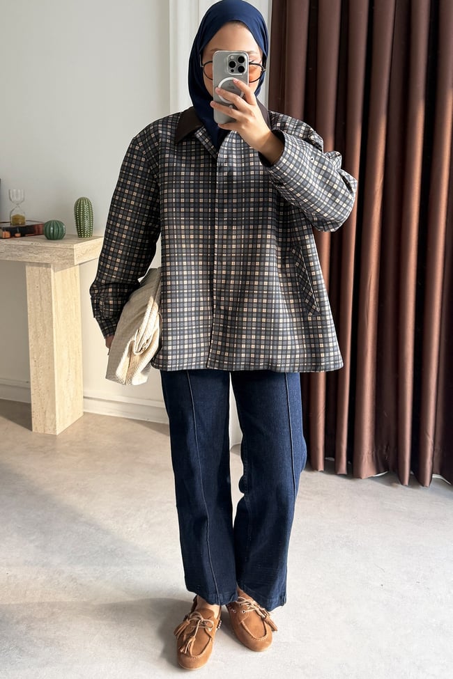 Kareli Oversize Ceket - Lacivert