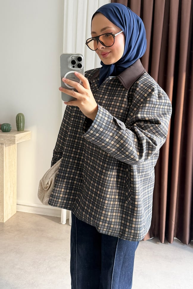 Kareli Oversize Ceket - Lacivert