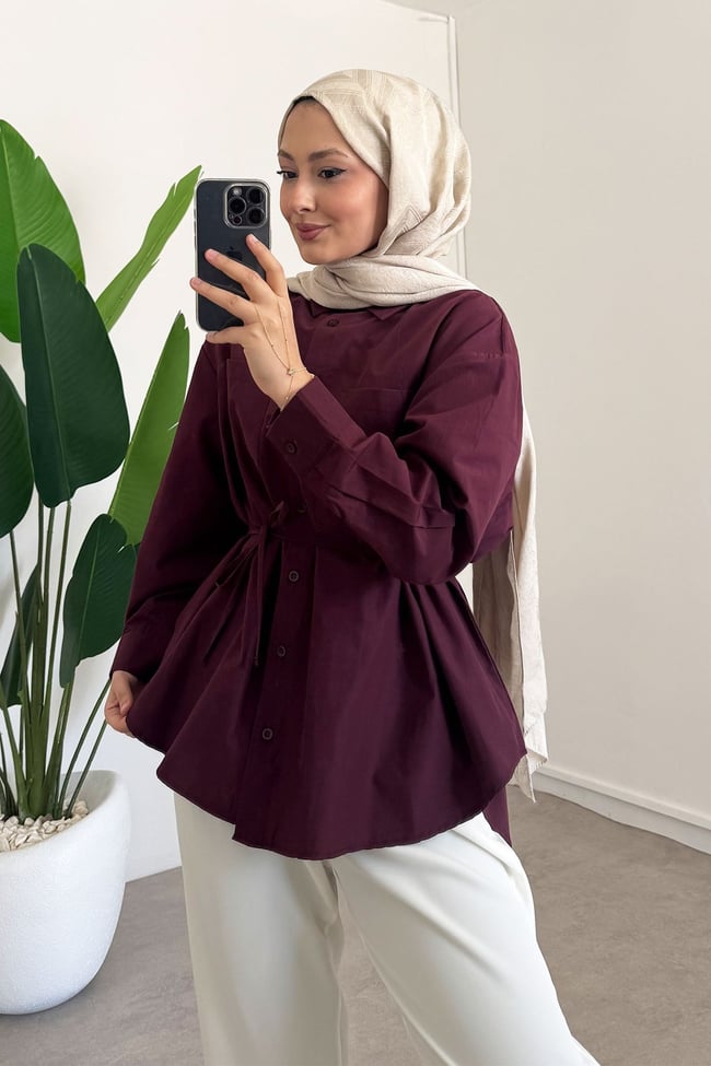 Kemerli Basıc Gömlek - Bordo