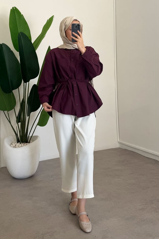 Kemerli Basıc Gömlek - Bordo