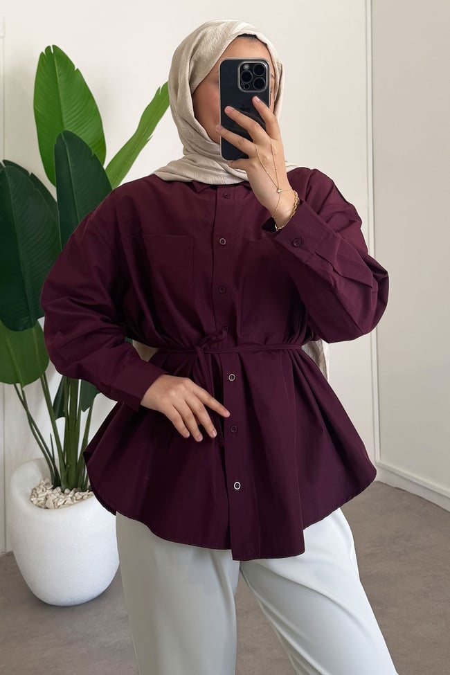 Kemerli Basıc Gömlek - Bordo