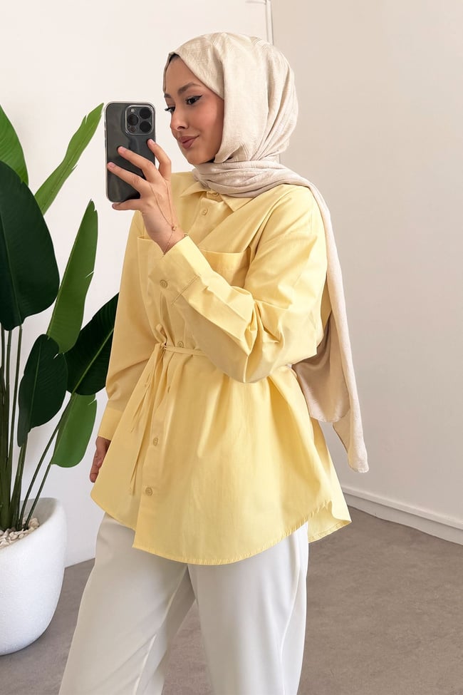 Kemerli Basıc Gömlek - Sarı