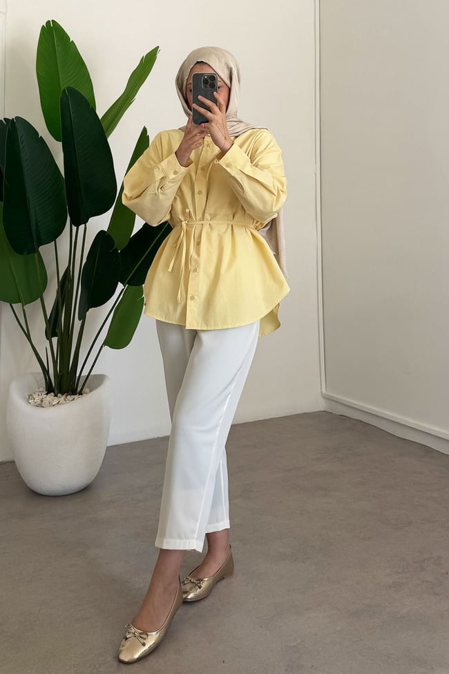 Kemerli Basıc Gömlek - Sarı