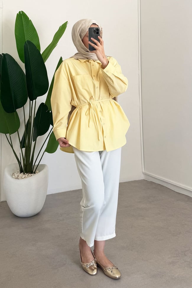 Kemerli Basıc Gömlek - Sarı