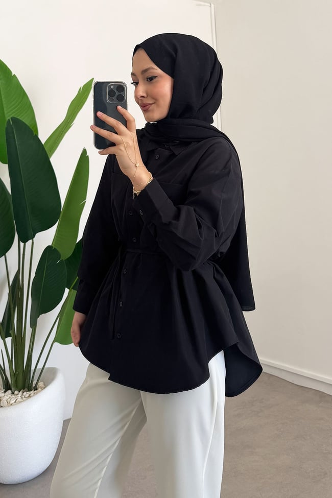 Kemerli Basıc Gömlek - Siyah