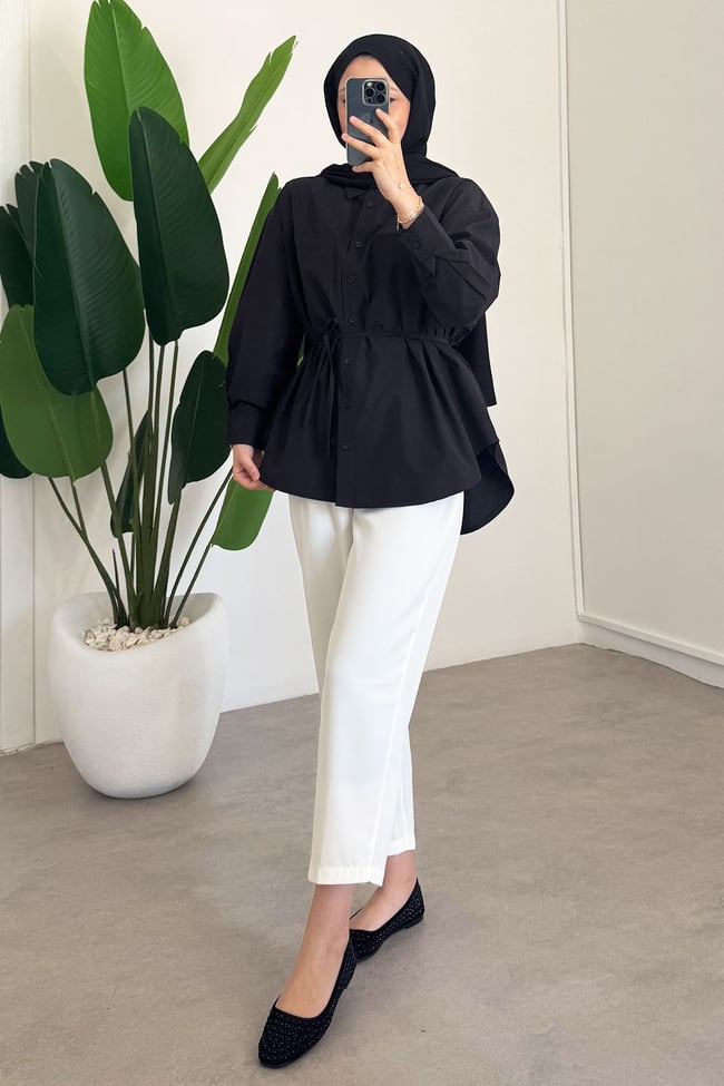 Kemerli Basıc Gömlek - Siyah