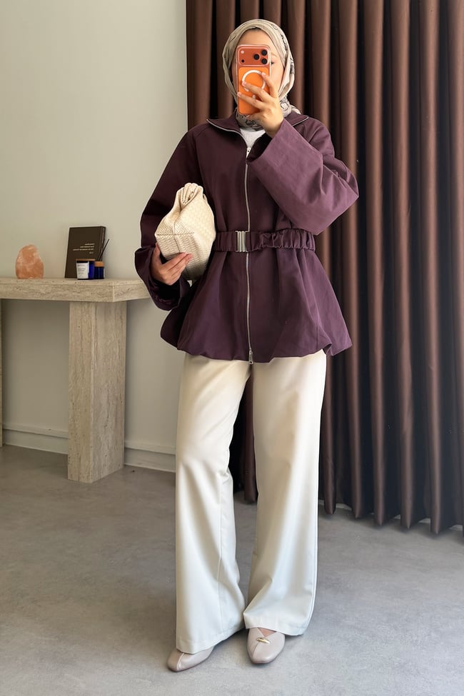 Kemerli Oversize Ceket - Bordo