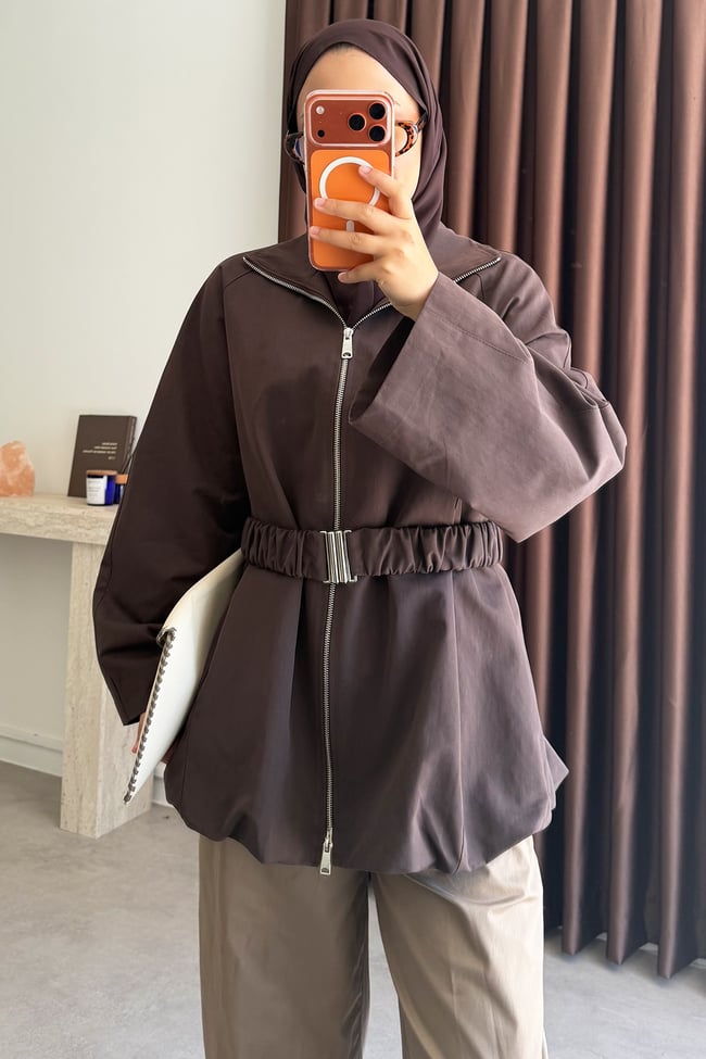 Kemerli Oversize Ceket - Kahverengi