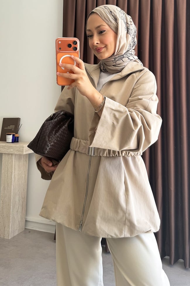 Kemerli Oversize Ceket - Kum Beji