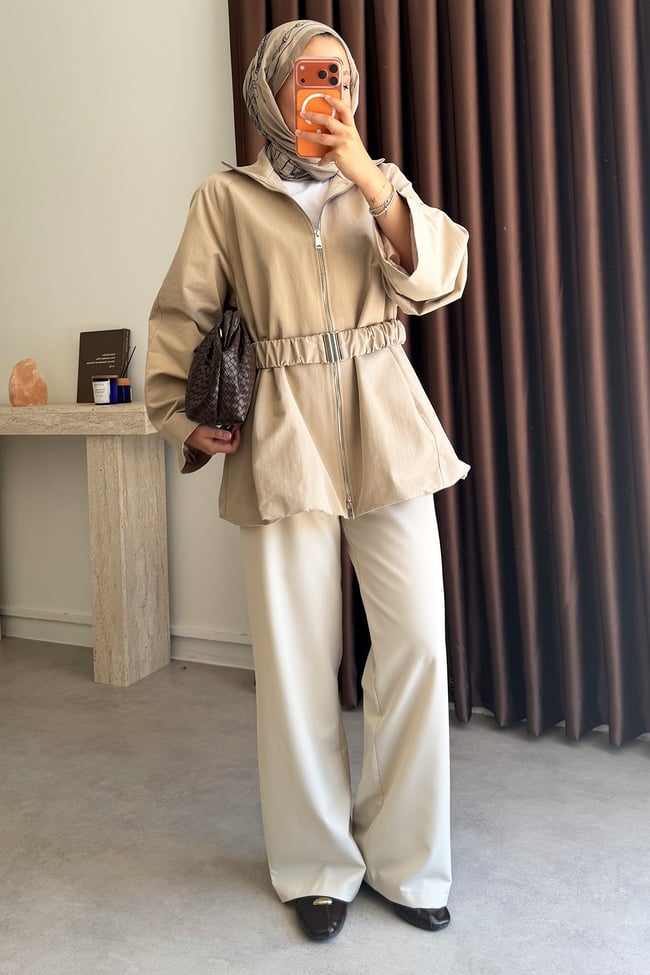 Kemerli Oversize Ceket - Kum Beji