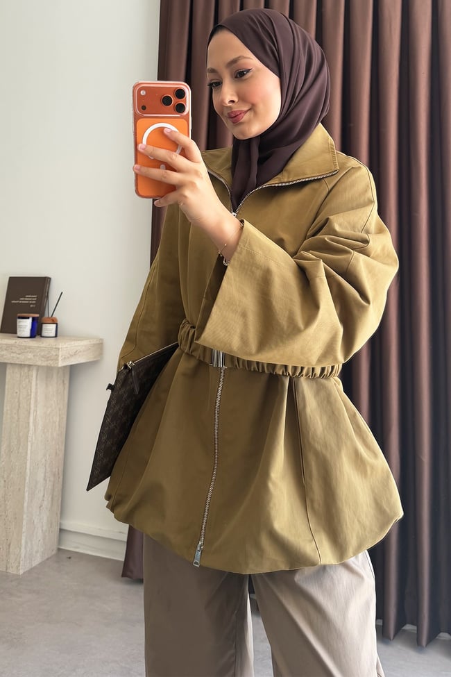 Kemerli Oversize Ceket - Olive
