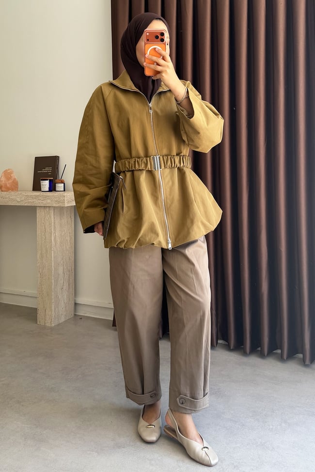 Kemerli Oversize Ceket - Olive