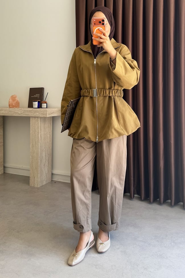 Kemerli Oversize Ceket - Olive
