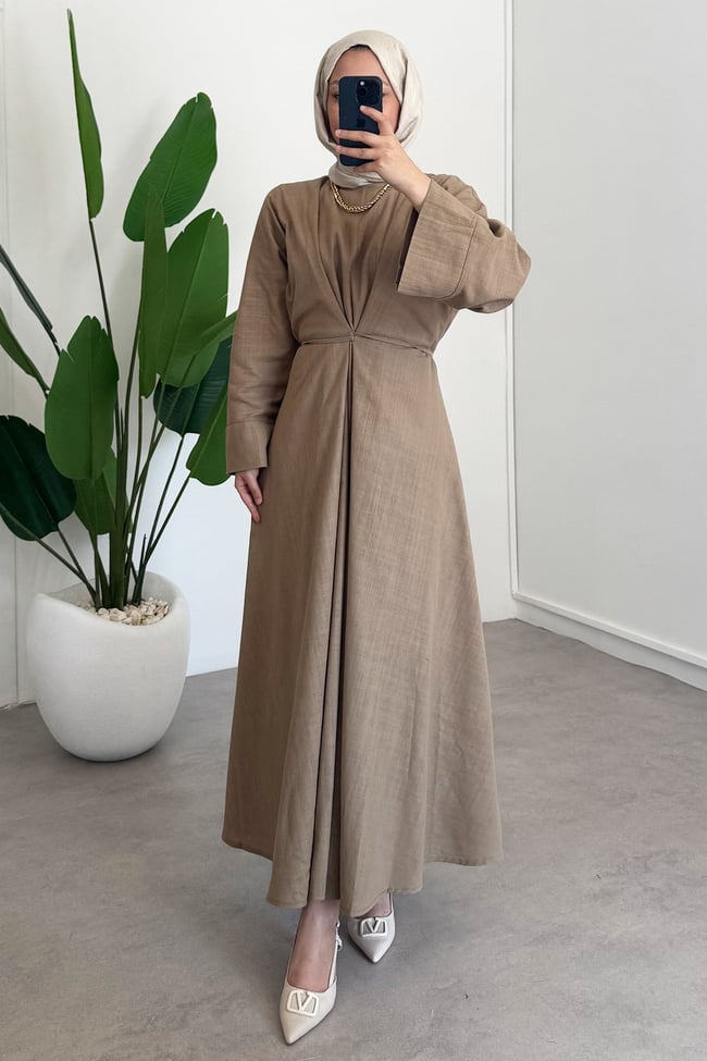 Keten Bağlama Elbise - Vizon