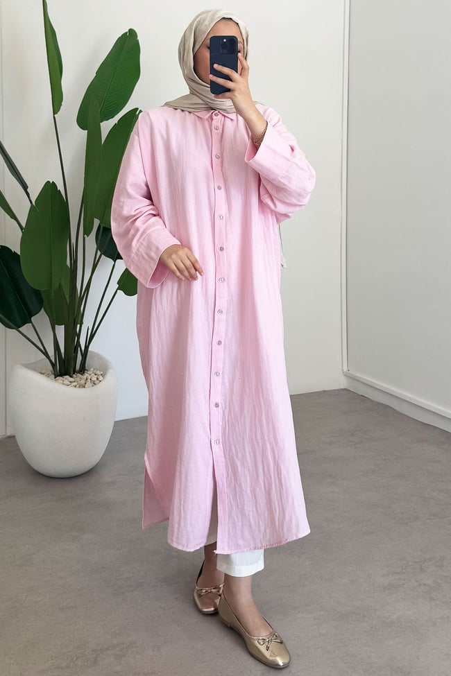 Keten Uzun Gömlek Elbise - Pembe