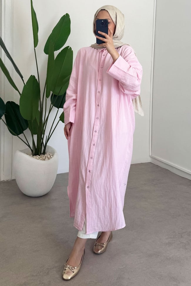 Keten Uzun Gömlek Elbise - Pembe