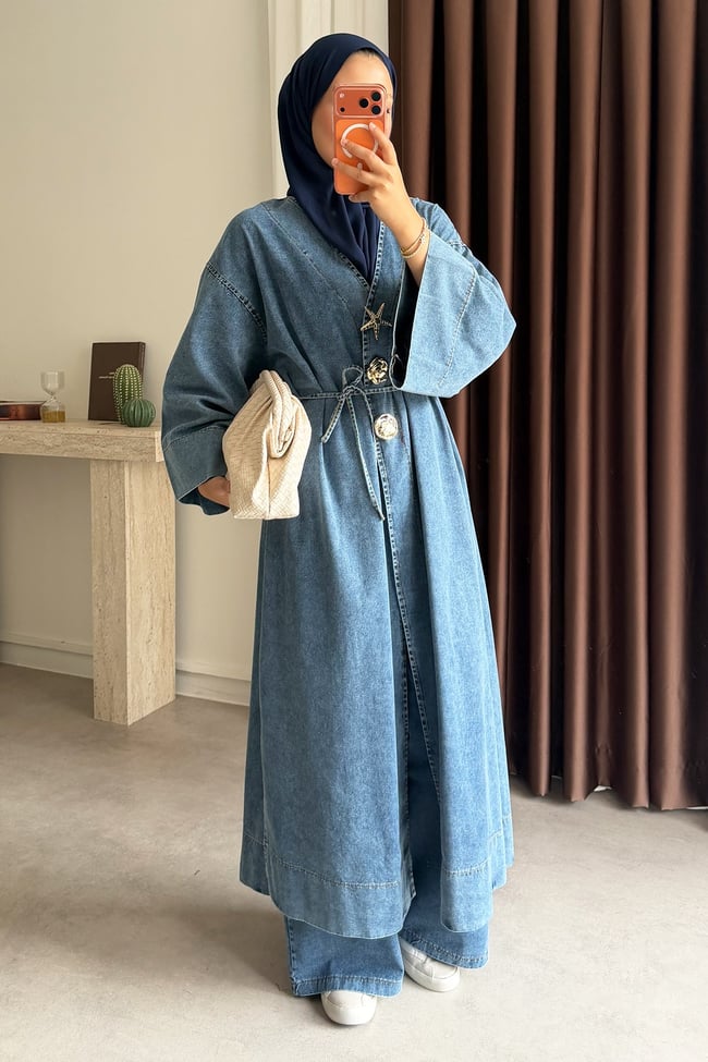 Kimono Denim Takım - Açık Kot