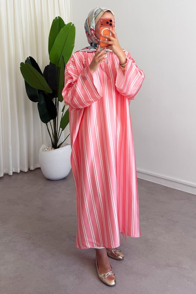Modal Çizgili Elbise - Pembe