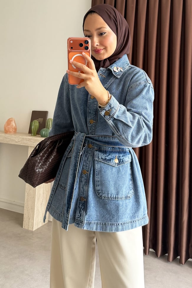Nakışlı Denim Ceket - Açık Kot