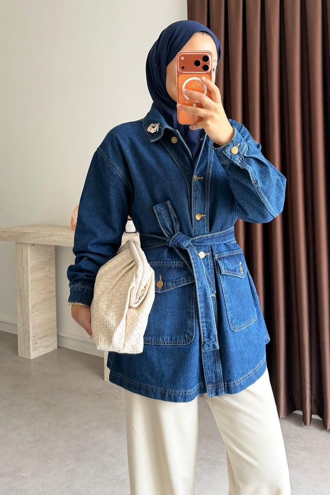 Nakışlı Denim Ceket - Koyu Kot