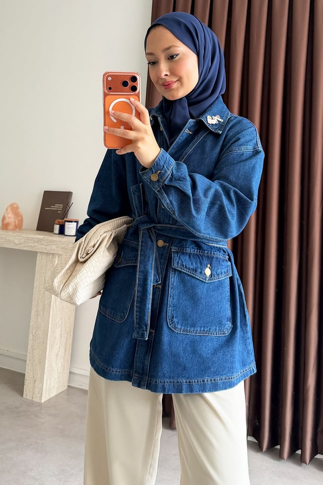 Nakışlı Denim Ceket - Koyu Kot