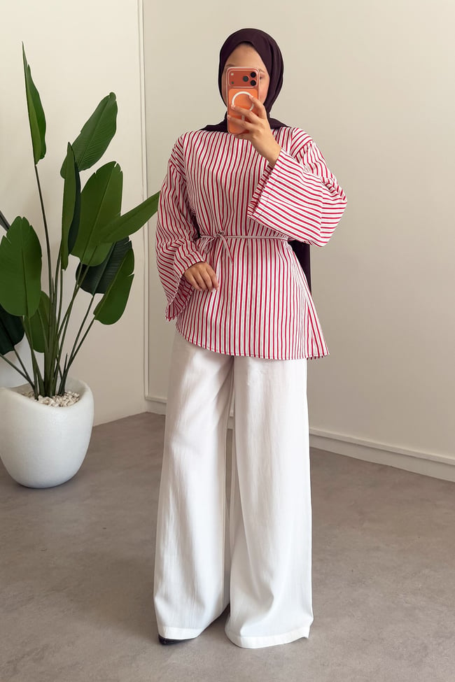 Oversize Biyeli Tunik - Beyaz