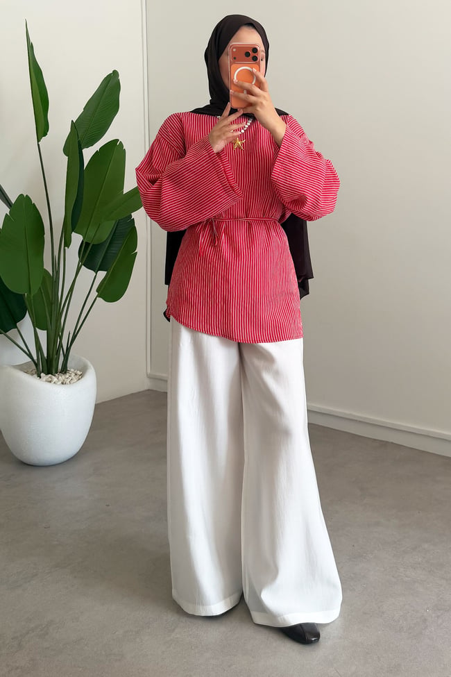 Oversize Biyeli Tunik - Kırmızı