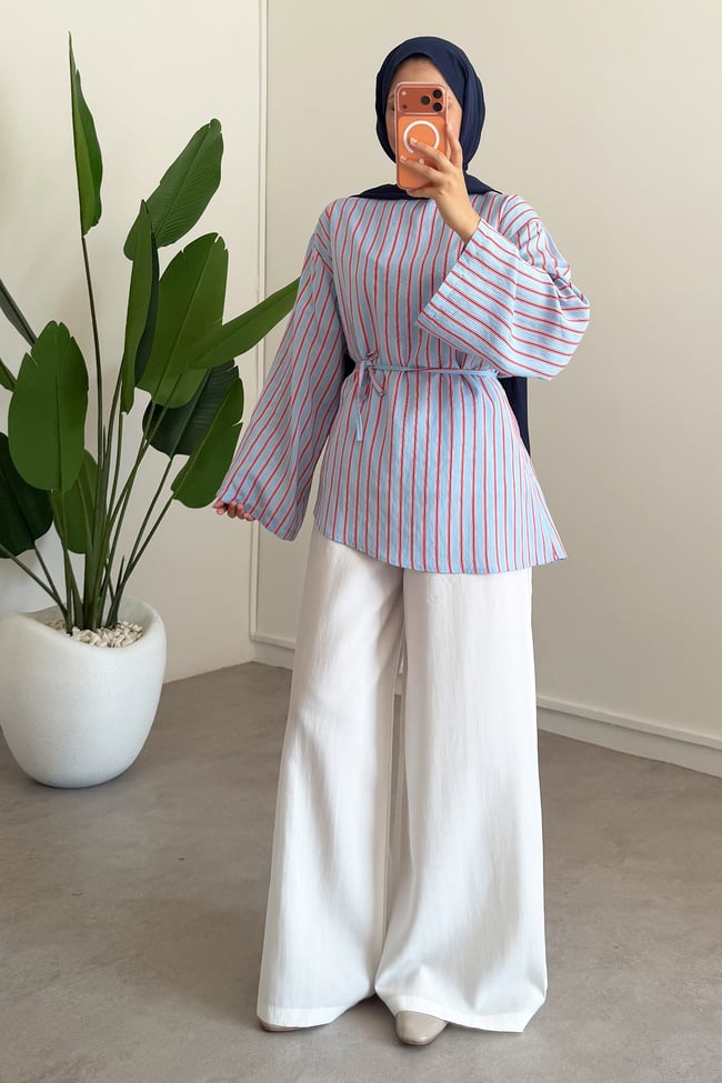 Oversize Biyeli Tunik - Mavi