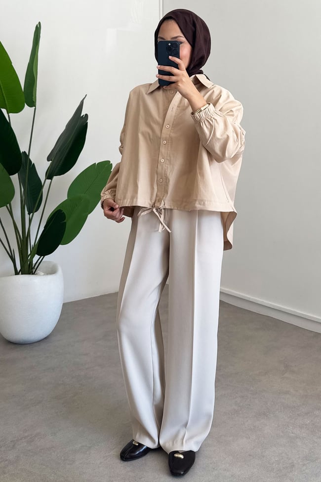 Oversize Büzgülü Gömlek - Bej