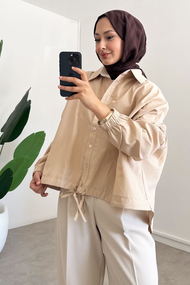 Oversize Büzgülü Gömlek - Bej