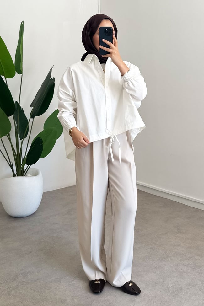 Oversize Büzgülü Gömlek - Beyaz