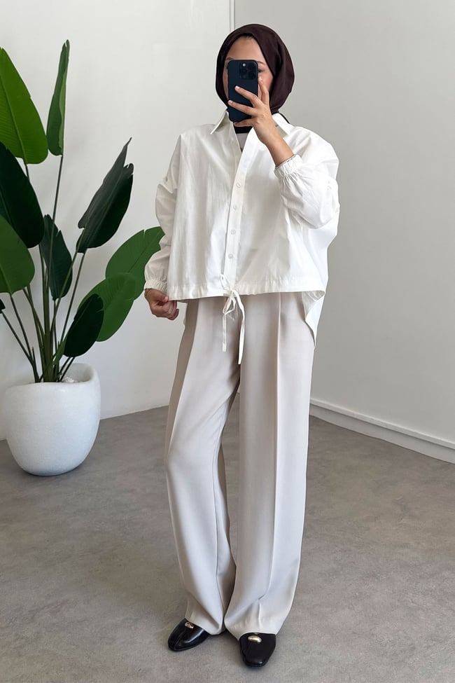Oversize Büzgülü Gömlek - Beyaz
