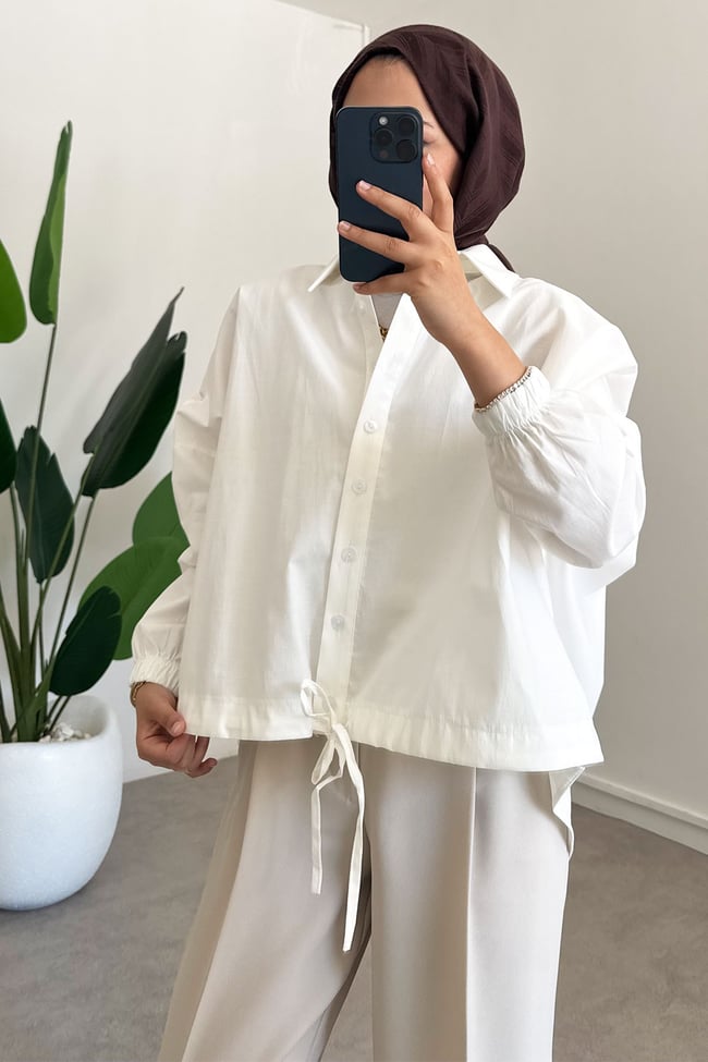 Oversize Büzgülü Gömlek - Beyaz