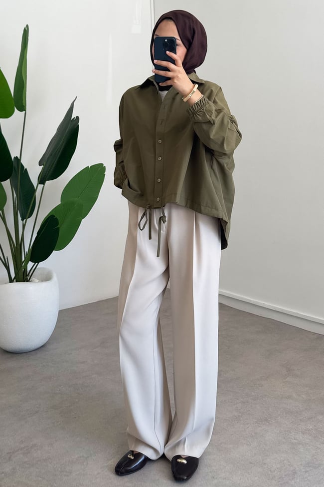 Oversize Büzgülü Gömlek - Haki Yeşil