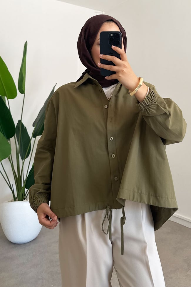 Oversize Büzgülü Gömlek - Haki Yeşil