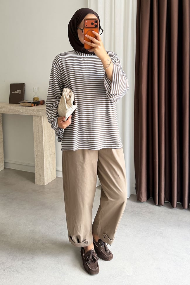 Oversize Çizgili Tunik - Vizon