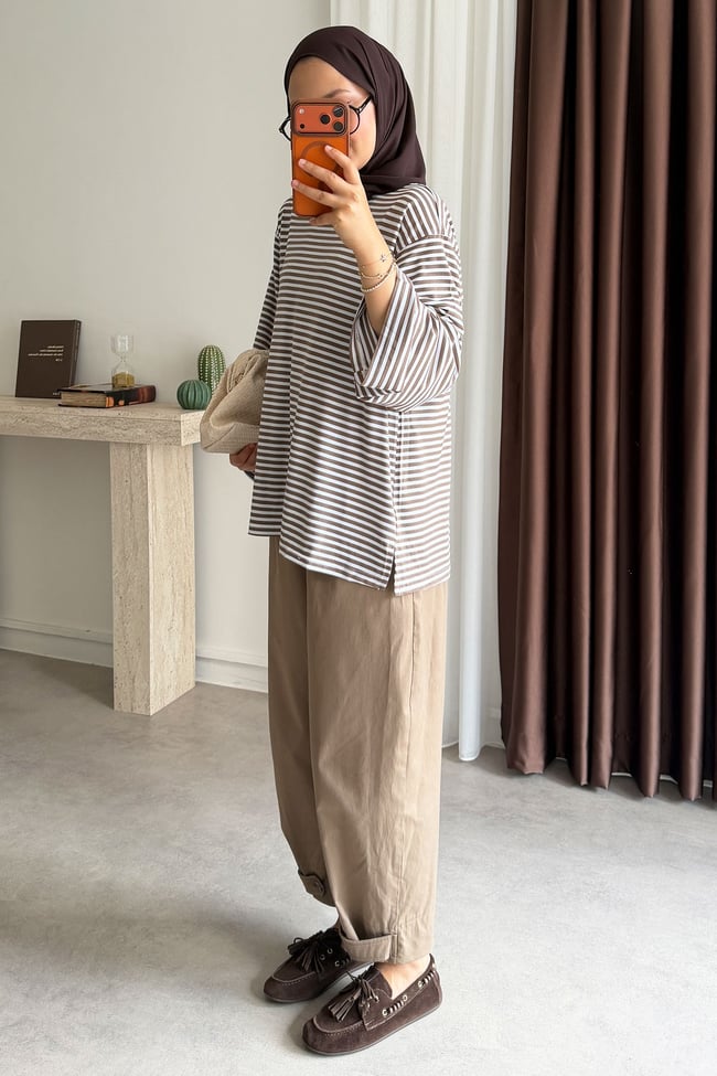 Oversize Çizgili Tunik - Vizon