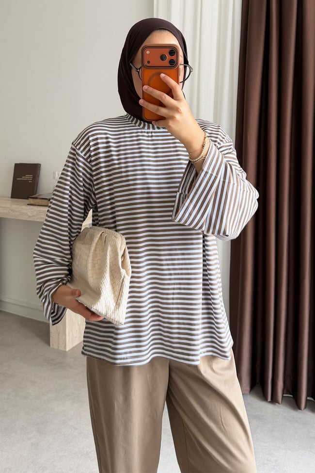 Oversize Çizgili Tunik - Vizon
