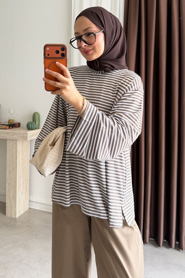 Oversize Çizgili Tunik - Vizon