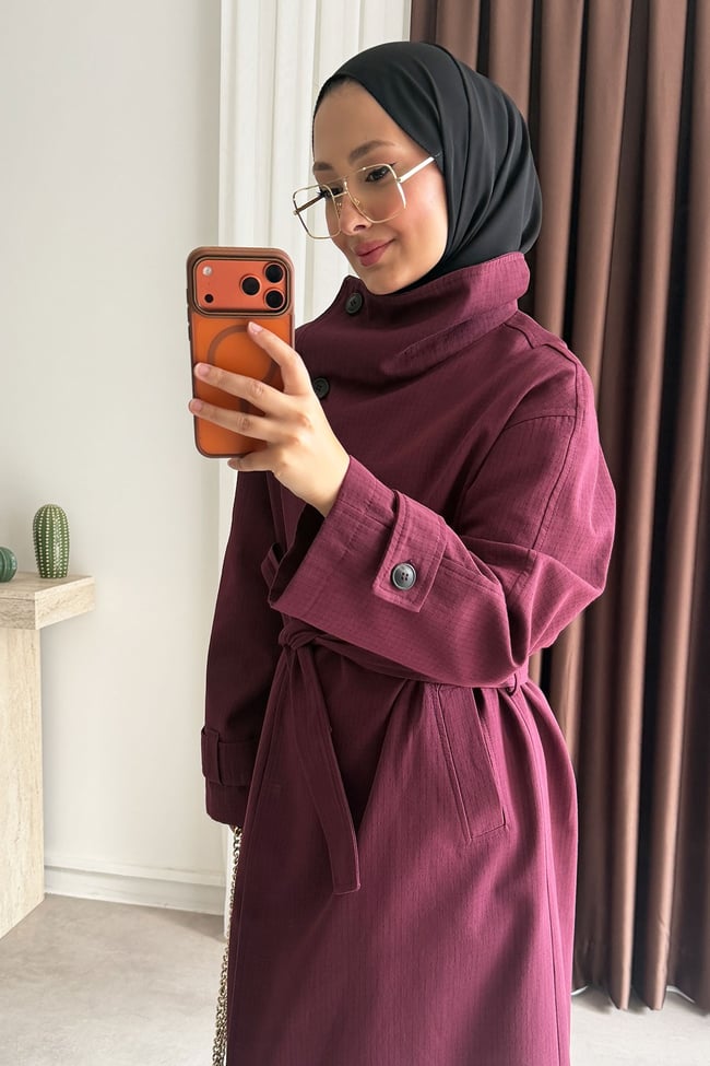 Oversize Kareli Trençkot - Bordo