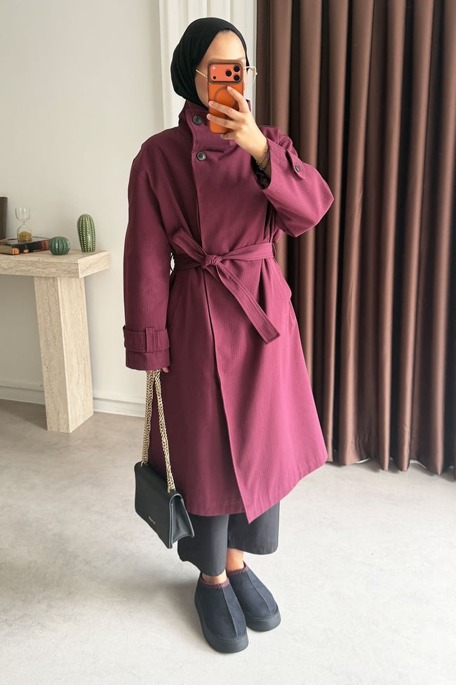Oversize Kareli Trençkot - Bordo