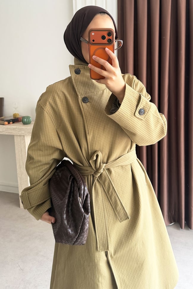 Oversize Kareli Trençkot - Haki