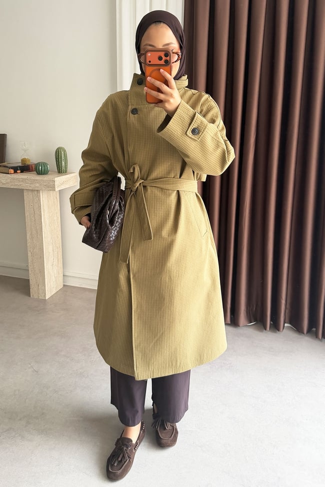Oversize Kareli Trençkot - Haki